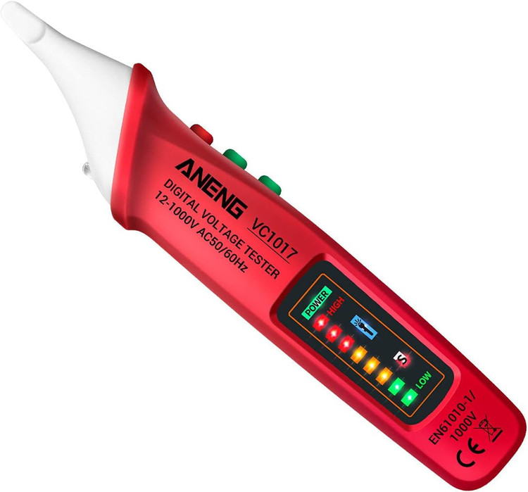 فازمتر القایی اننگ VC1017 / فازمتر قلمی ۱۲-۱۰۰۰ ولت / ردیاب برق قلمی قرمز با چراغ قوه و نمایشگر رنگی